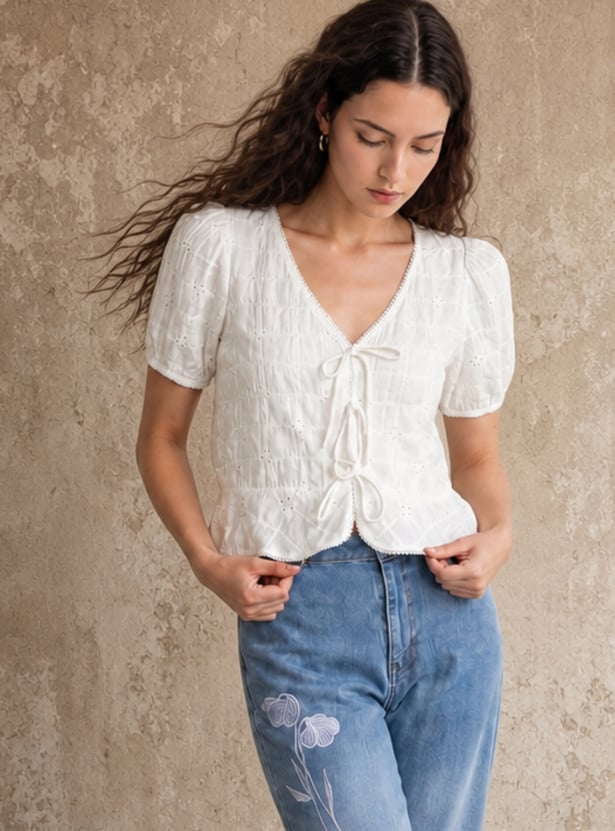 GINGER Self Design Tie-Up Crop Top
