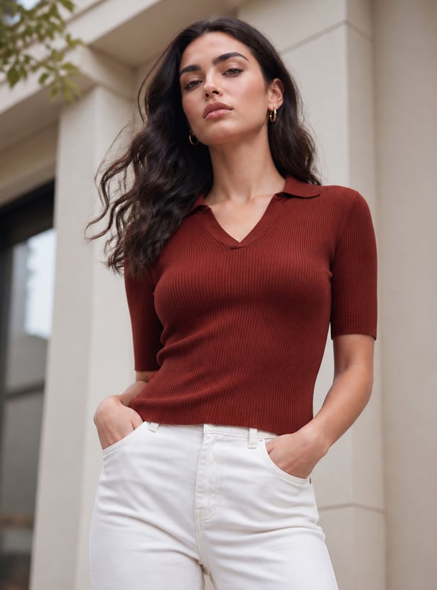 FAME FOREVER Ribbed Collared Top