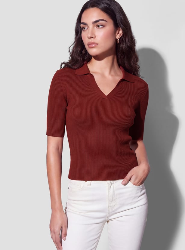 FAME FOREVER Ribbed Collared Top