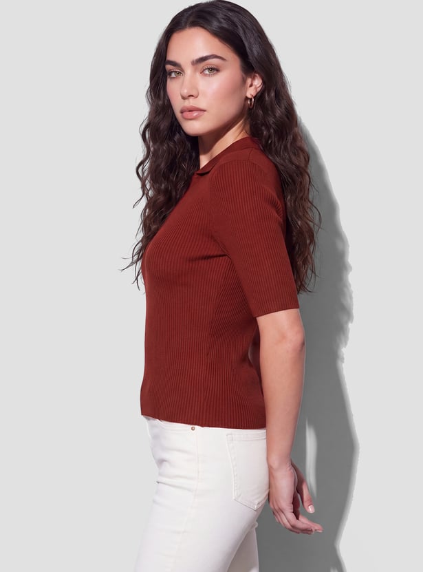 FAME FOREVER Ribbed Collared Top