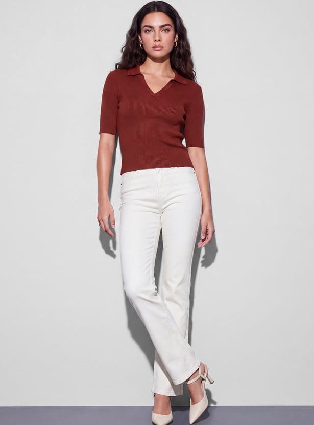 FAME FOREVER Ribbed Collared Top