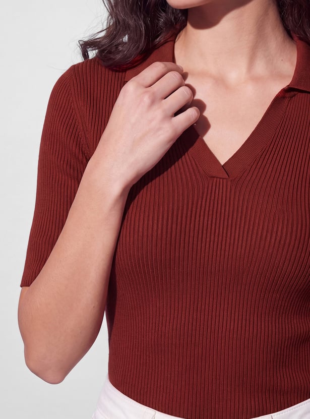 FAME FOREVER Ribbed Collared Top