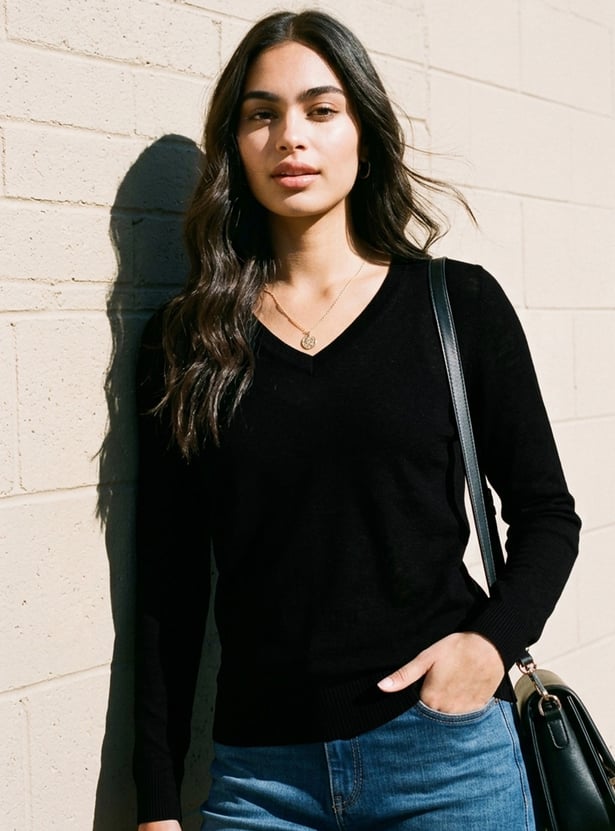 FAME FOREVER Solid V-Neck Full Sleeves Top