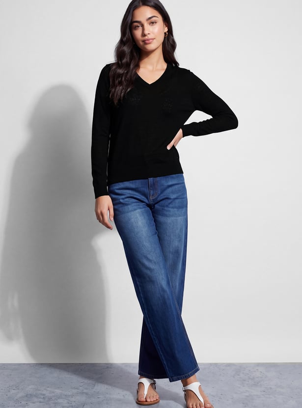 FAME FOREVER Solid V-Neck Full Sleeves Top