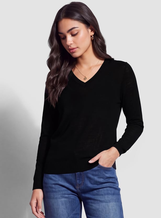 FAME FOREVER Solid V-Neck Full Sleeves Top