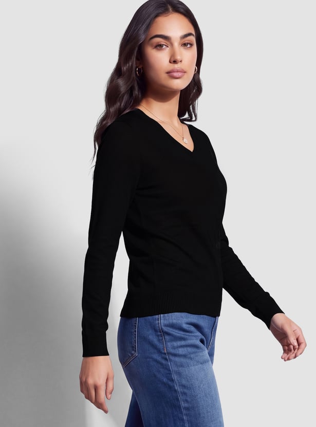 FAME FOREVER Solid V-Neck Full Sleeves Top