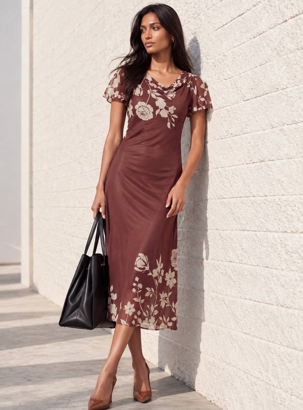 CODE Floral Print Cowl Neck Midi Dress