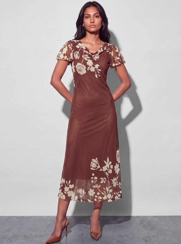 CODE Floral Print Cowl Neck Midi Dress