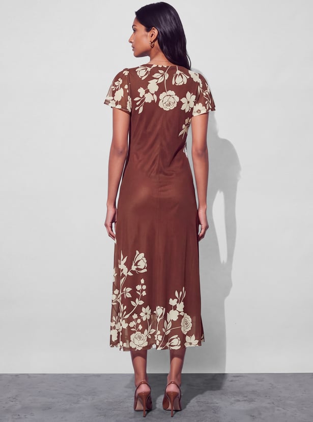 CODE Floral Print Cowl Neck Midi Dress