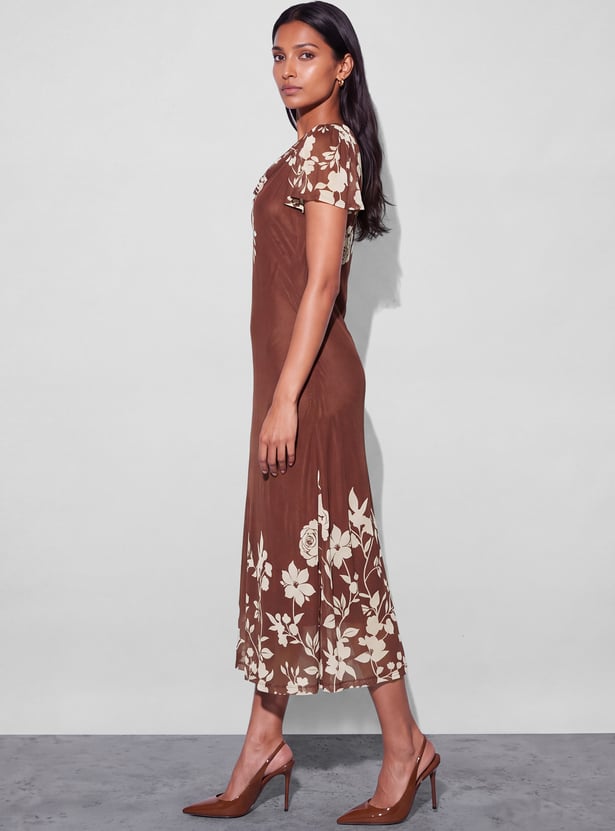 CODE Floral Print Cowl Neck Midi Dress
