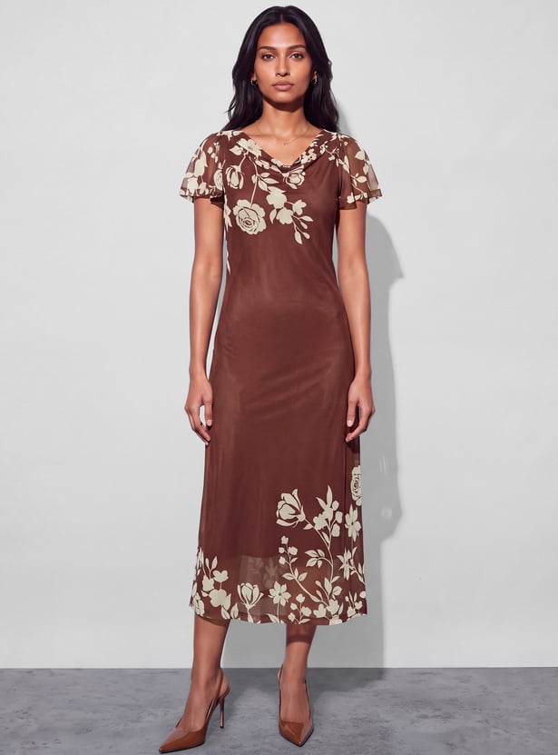 CODE Floral Print Cowl Neck Midi Dress