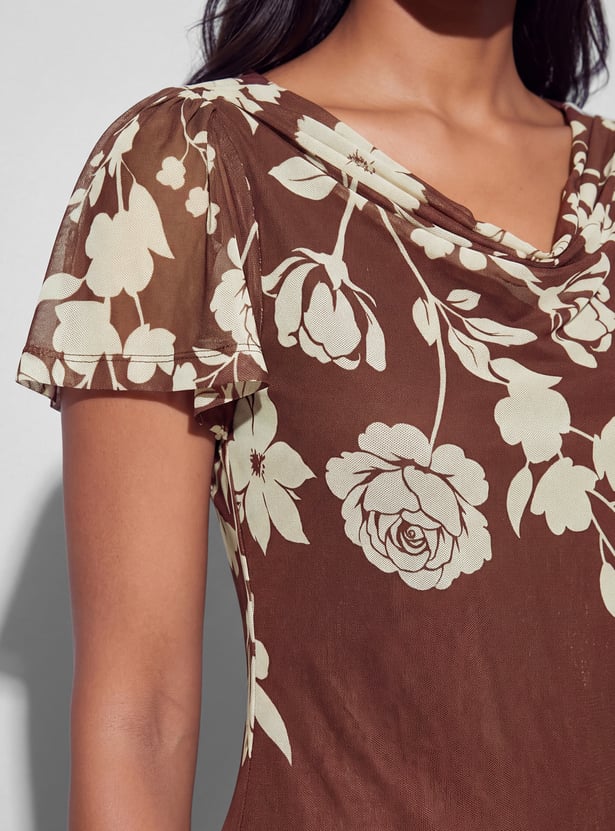 CODE Floral Print Cowl Neck Midi Dress