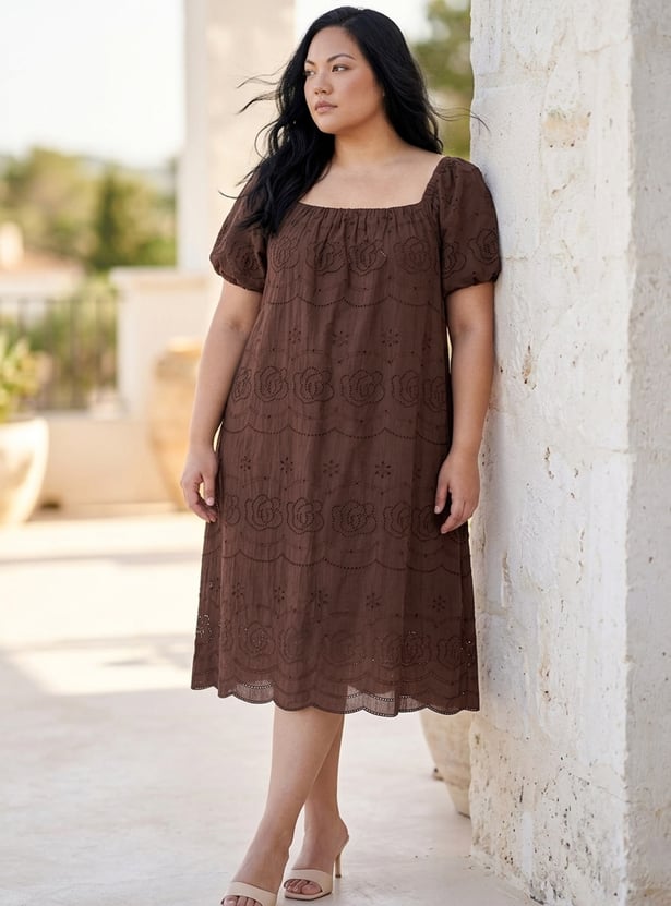 NEXUS Embroidered Square Neck Midi Dress