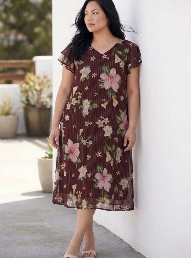 NEXUS Floral Printed V-Neck Midi A-line Dress