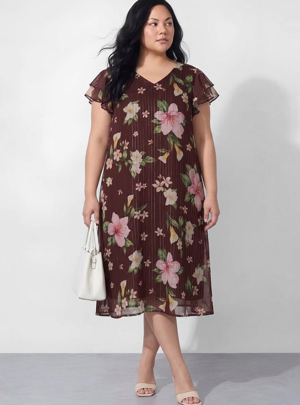 NEXUS Floral Printed V-Neck Midi A-line Dress