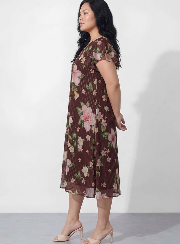 NEXUS Floral Printed V-Neck Midi A-line Dress