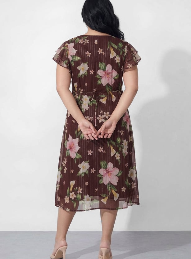 NEXUS Floral Printed V-Neck Midi A-line Dress