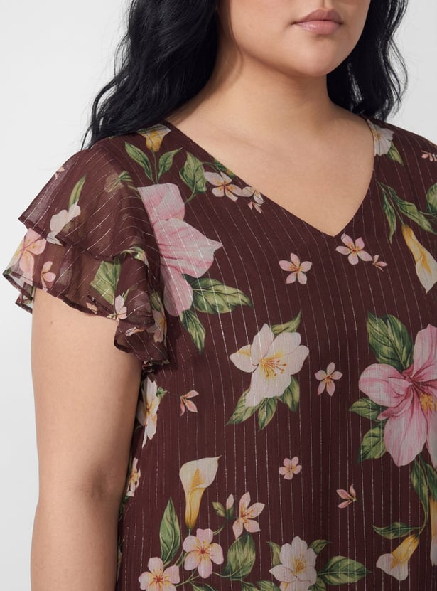 NEXUS Floral Printed V-Neck Midi A-line Dress