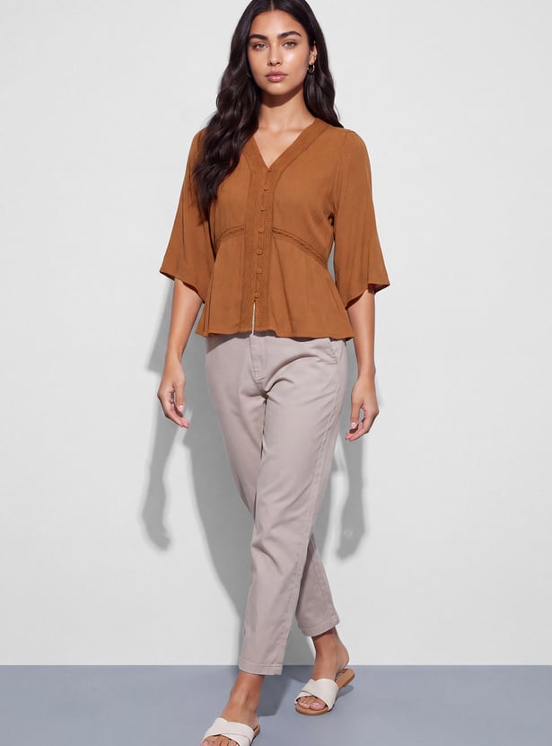 FAME FOREVER Solid V-Neck Button Top