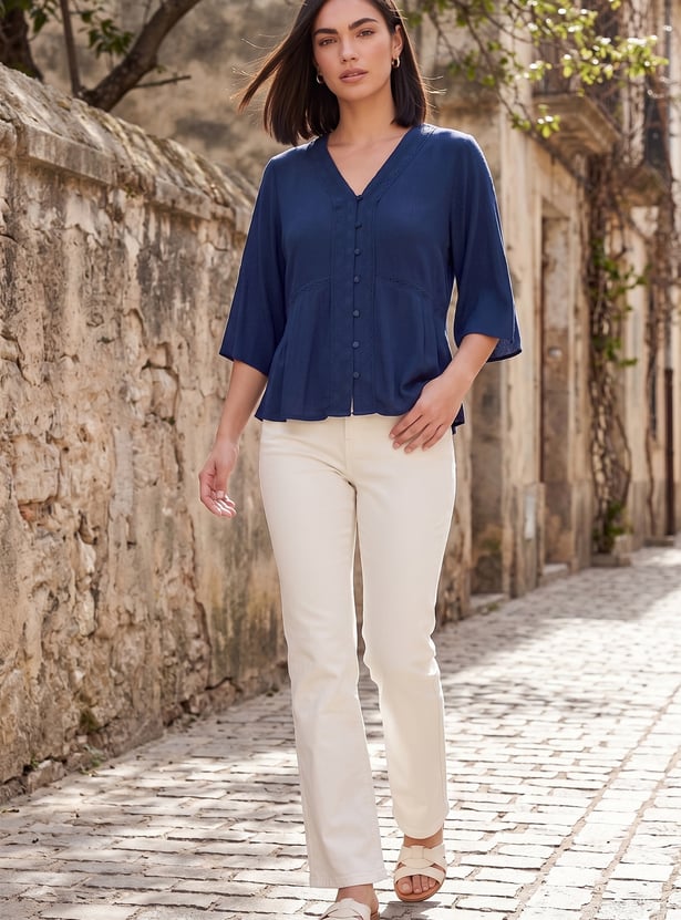 FAME FOREVER Solid V-Neck Button Top