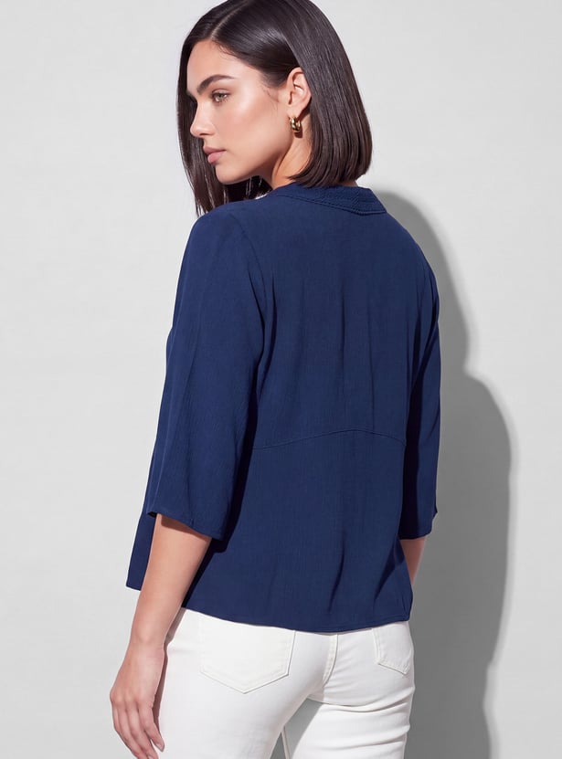 FAME FOREVER Solid V-Neck Button Top