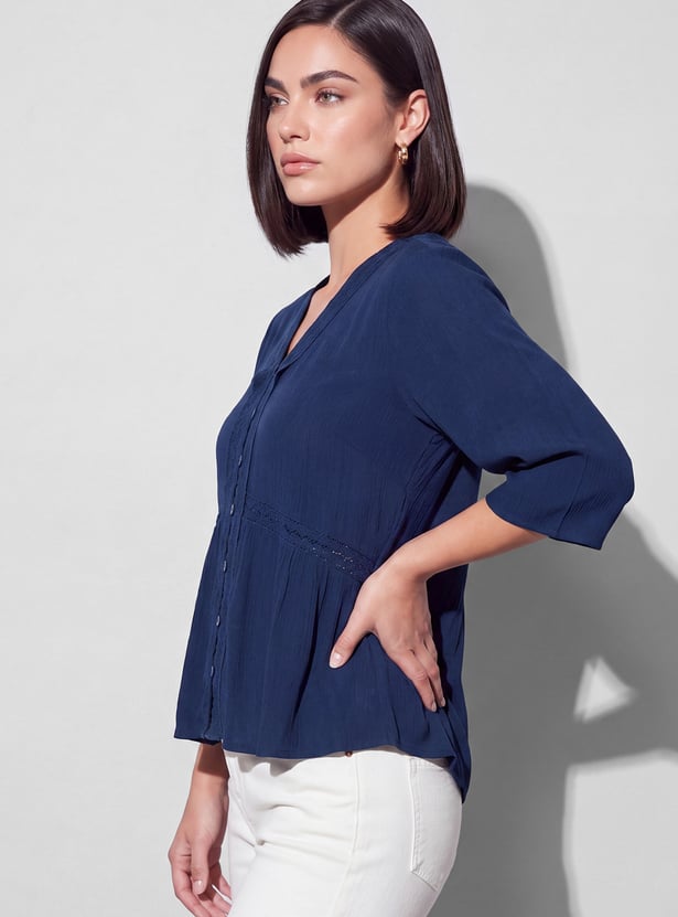 FAME FOREVER Solid V-Neck Button Top