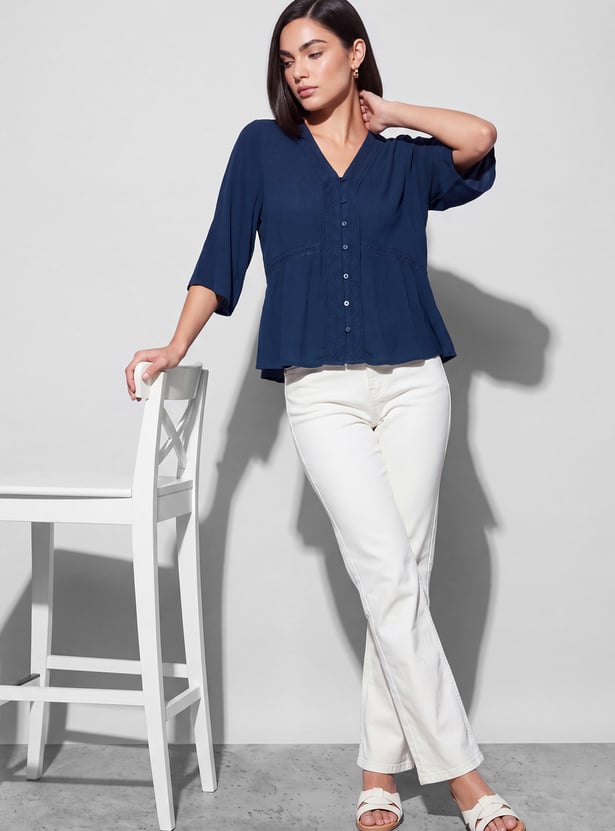 FAME FOREVER Solid V-Neck Button Top