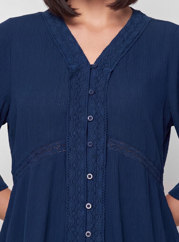 FAME FOREVER Solid V-Neck Button Top