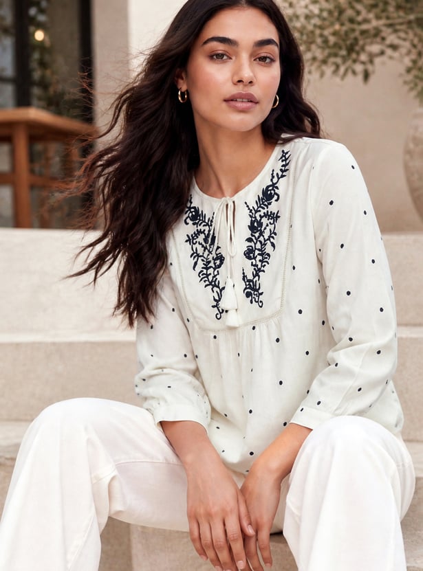 FAME FOREVER Embroidered Tie-Up Neck Top