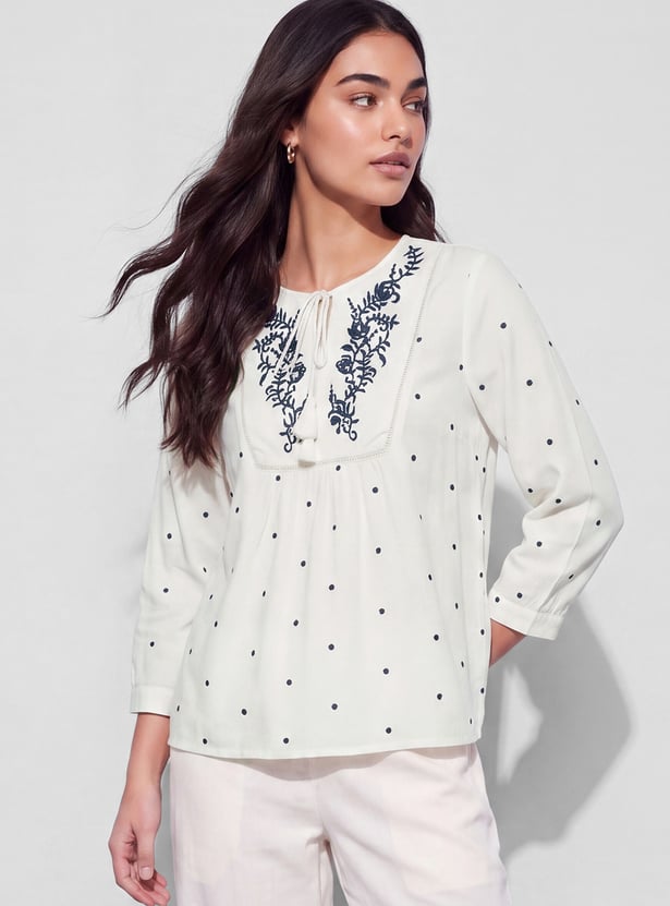 FAME FOREVER Embroidered Tie-Up Neck Top