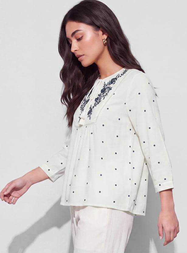 FAME FOREVER Embroidered Tie-Up Neck Top