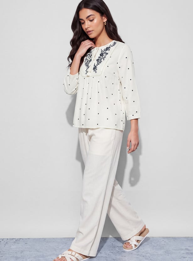 FAME FOREVER Embroidered Tie-Up Neck Top
