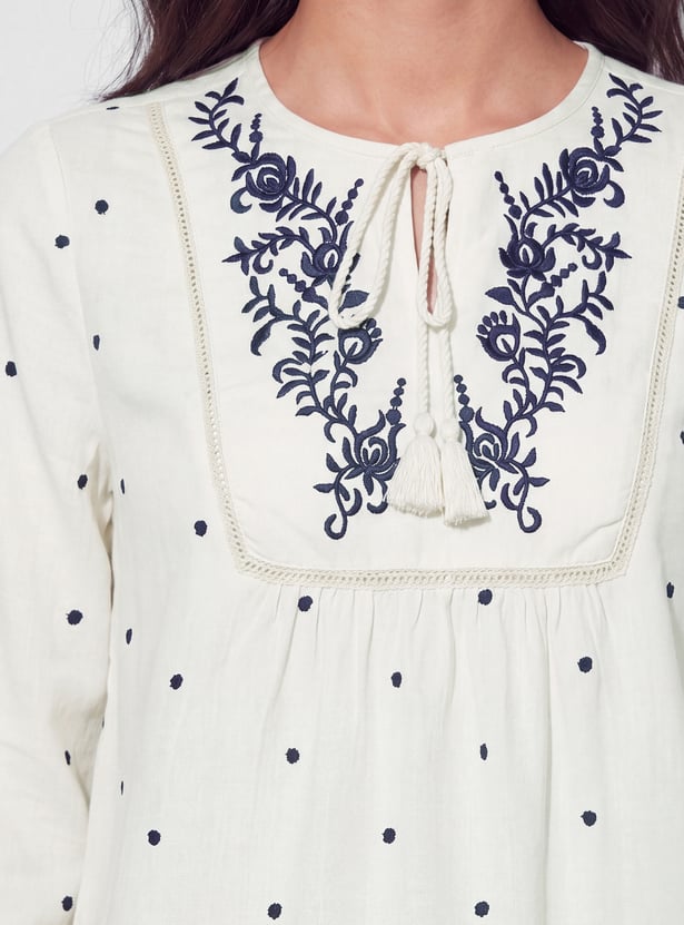 FAME FOREVER Embroidered Tie-Up Neck Top