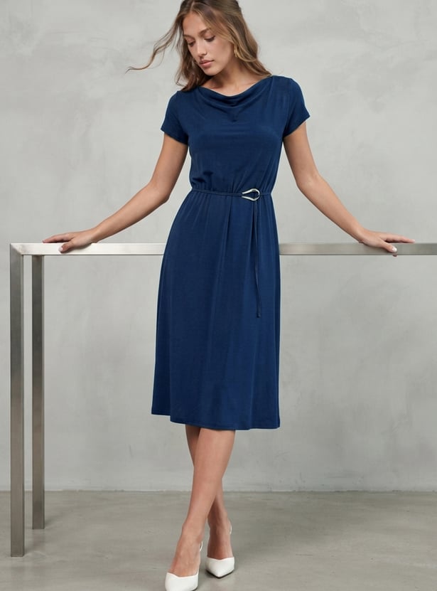 CODE Solid Cowl Neck Midi Dress