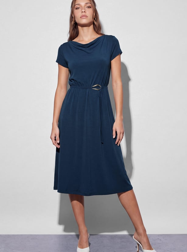 CODE Solid Cowl Neck Midi Dress