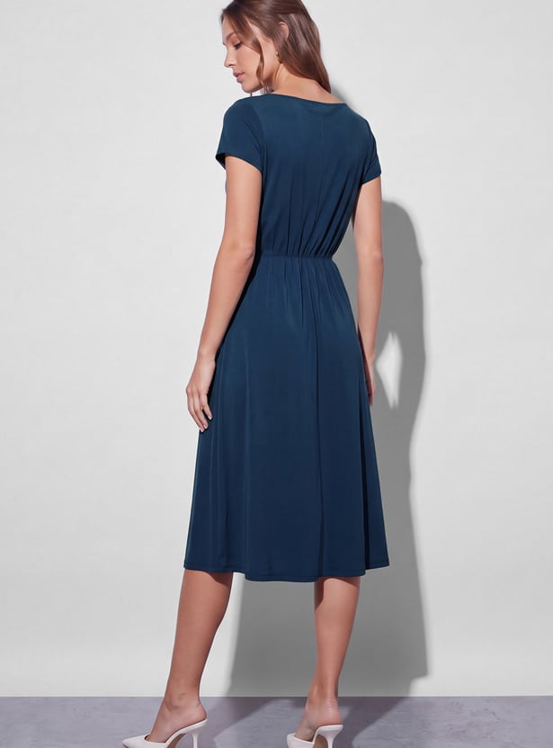 CODE Solid Cowl Neck Midi Dress