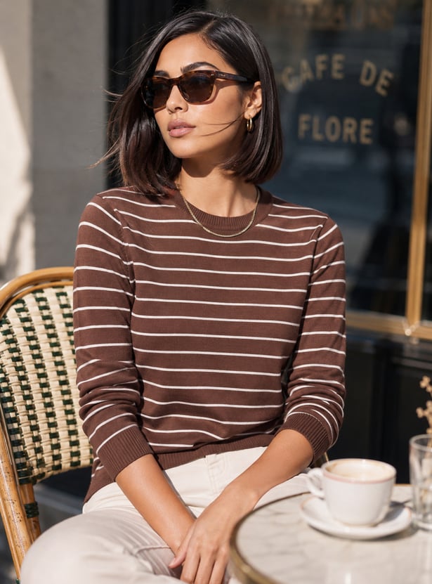 FAME FOREVER Striped Flat Knit Top