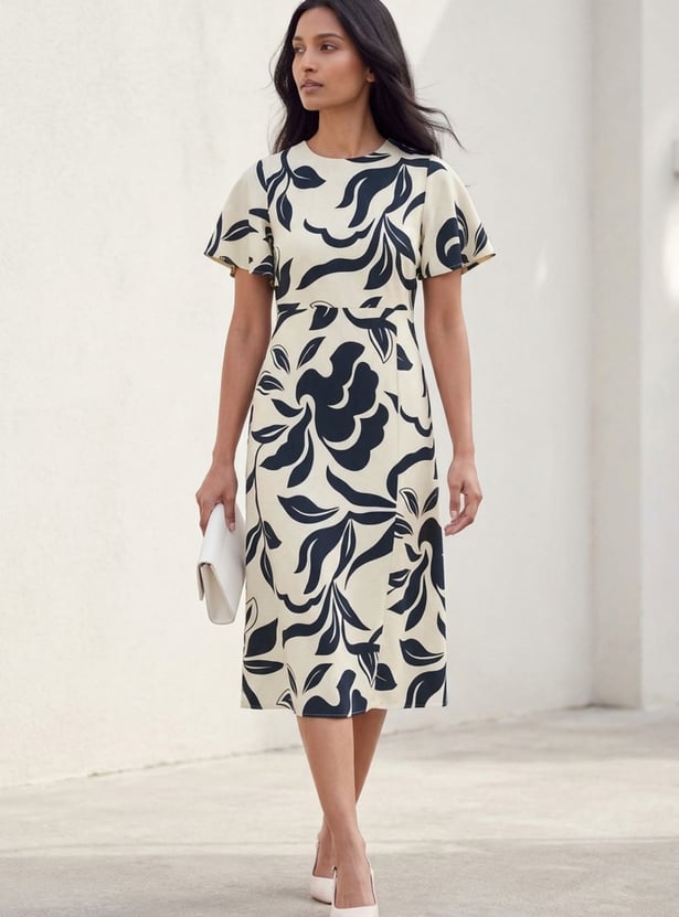 CODE Floral Print Flutter Sleeves Midi Dress