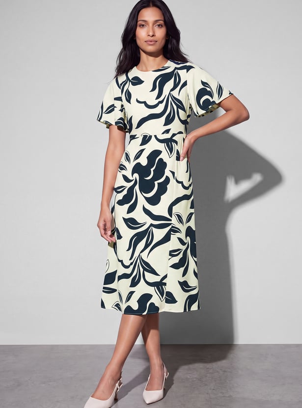 CODE Floral Print Flutter Sleeves Midi Dress
