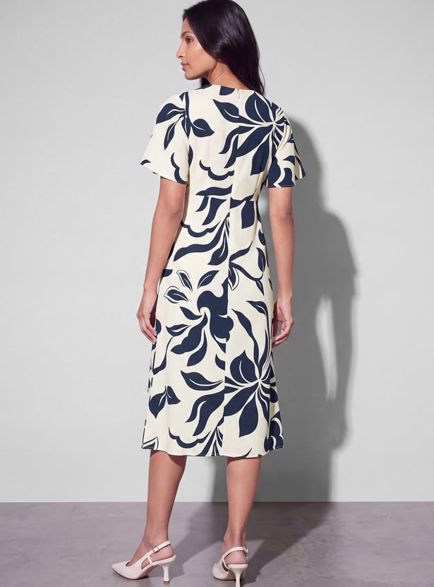 CODE Floral Print Flutter Sleeves Midi Dress