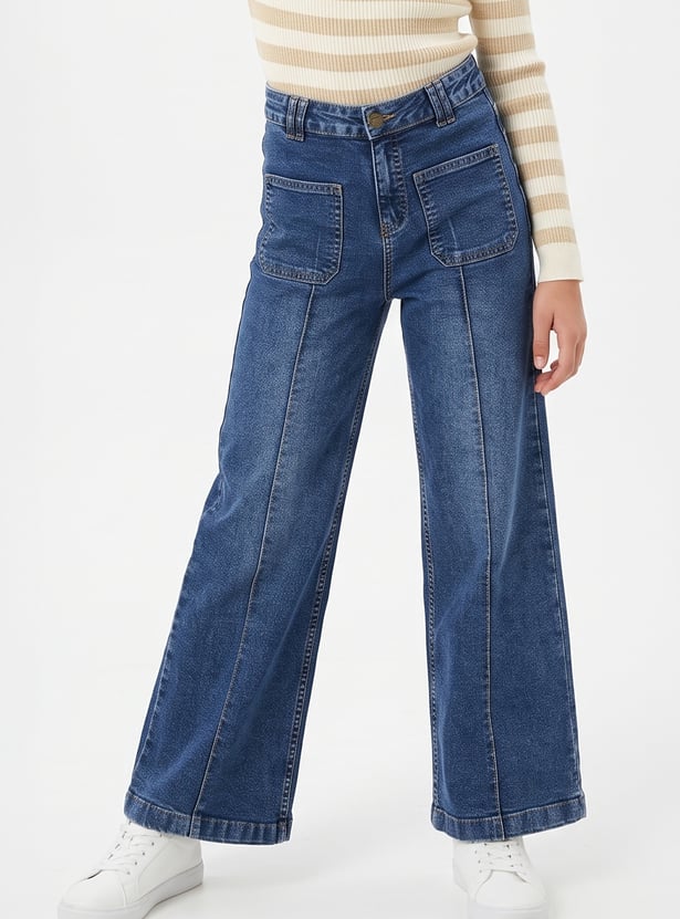 FAME FOREVER Girls Wide-Leg Mid-Wash Jeans