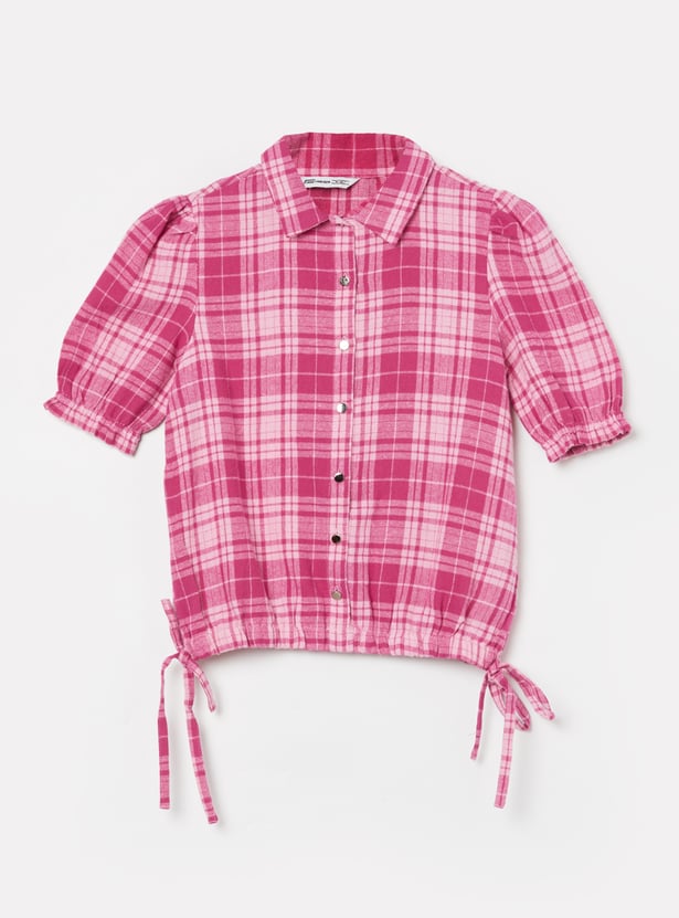 FAME FOREVER Girls Checked Puffed Sleeves Shirt Style Top