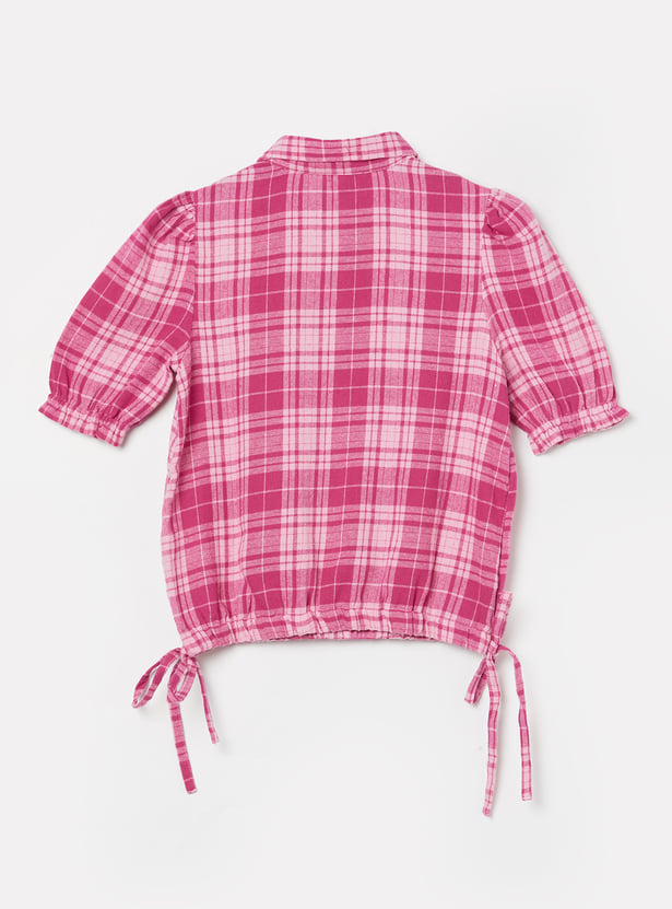 FAME FOREVER Girls Checked Puffed Sleeves Shirt Style Top