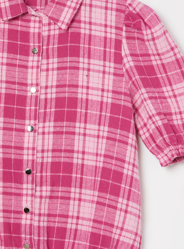 FAME FOREVER Girls Checked Puffed Sleeves Shirt Style Top