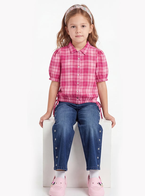 FAME FOREVER Girls Checked Puffed Sleeves Shirt Style Top