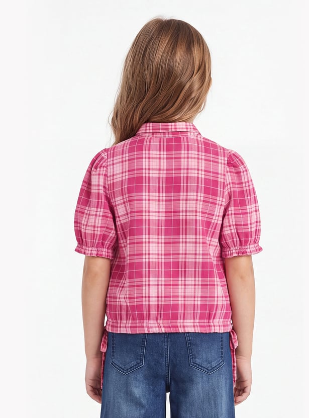 FAME FOREVER Girls Checked Puffed Sleeves Shirt Style Top