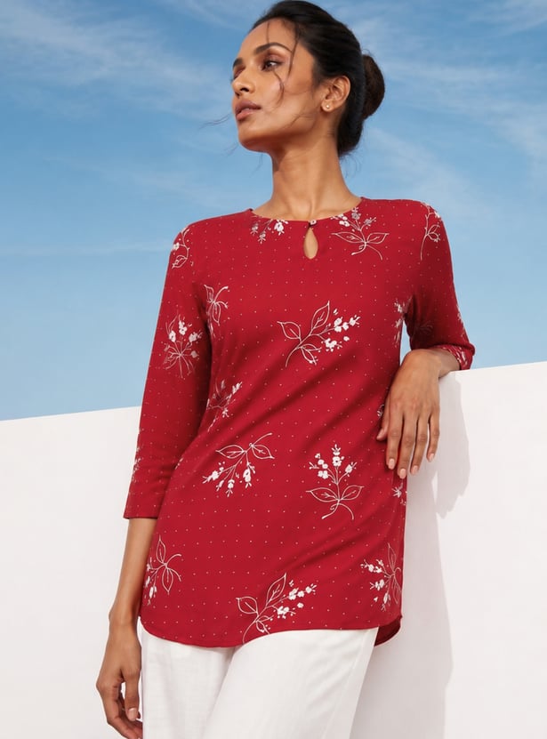 MELANGE Floral Print Keyhole 3/4th Sleeves Kurti