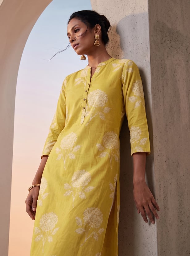 MELANGE Floral Print Band Collar 3/4th Sleeves Straight Kurta