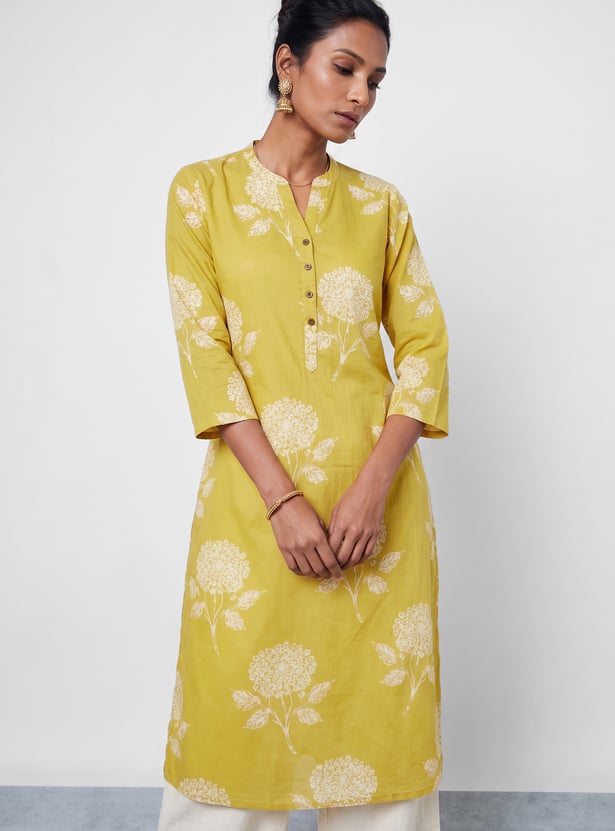 MELANGE Floral Print Band Collar 3/4th Sleeves Straight Kurta