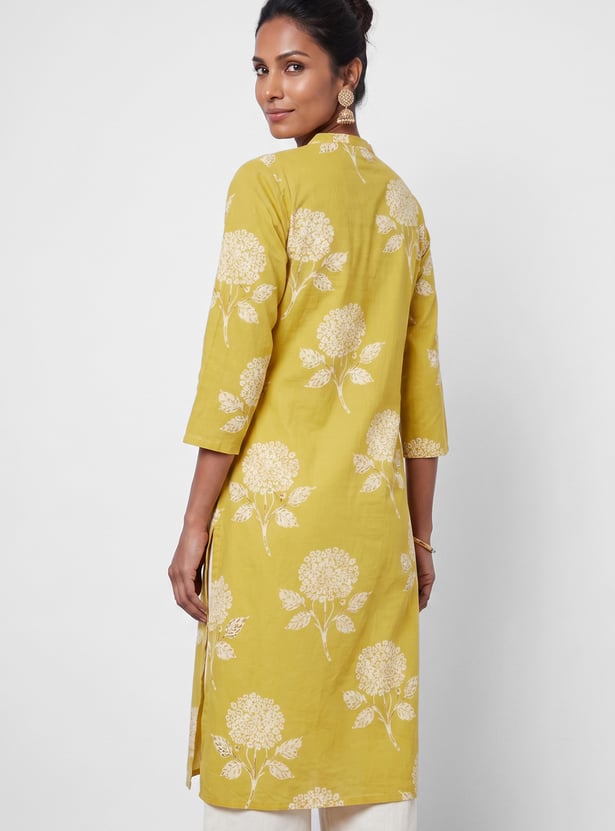 MELANGE Floral Print Band Collar 3/4th Sleeves Straight Kurta